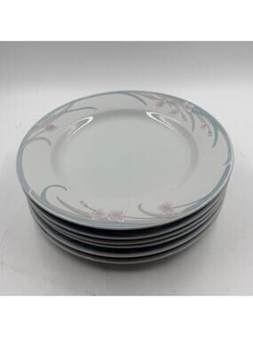 Vintage 1980's Set of 6 Dinner Plates 10.5" Inch Blue Pink on White Porcelain